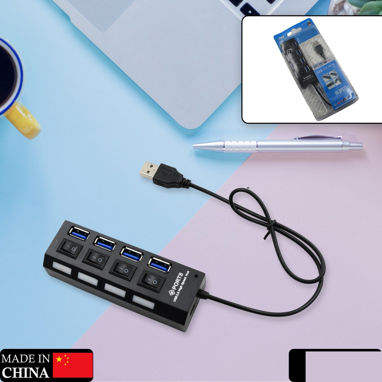 4 Port USB, HUB USB 2.0 HUB Splitter High Speed with On/Off Switch Multi LED Adapter - Detailed Feature View 1