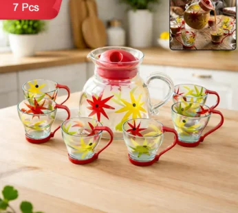 Premium 7 Pc Glass Tea Set Floral Jug with 6 Cups Heat Resistant Serving Set