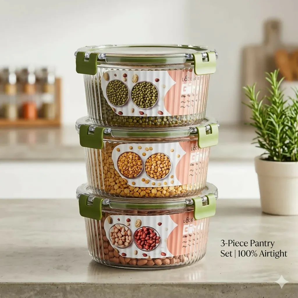 Premium Bingo 3-Piece Premium Food Storage Container Set (1600ml Each) | Airtight 4-Way Lock & Leak-Proof | BPA-Free Food Grade Material | Refrigerator Safe & Space Saving Clear Jars - Buy Online at Alikart