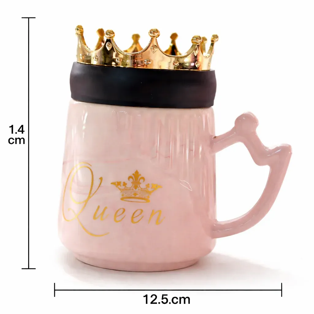 Queen Crown Ceramic Mug with Lid | Luxury Coffee & Tea Mug | Pink - Detailed Feature View 3