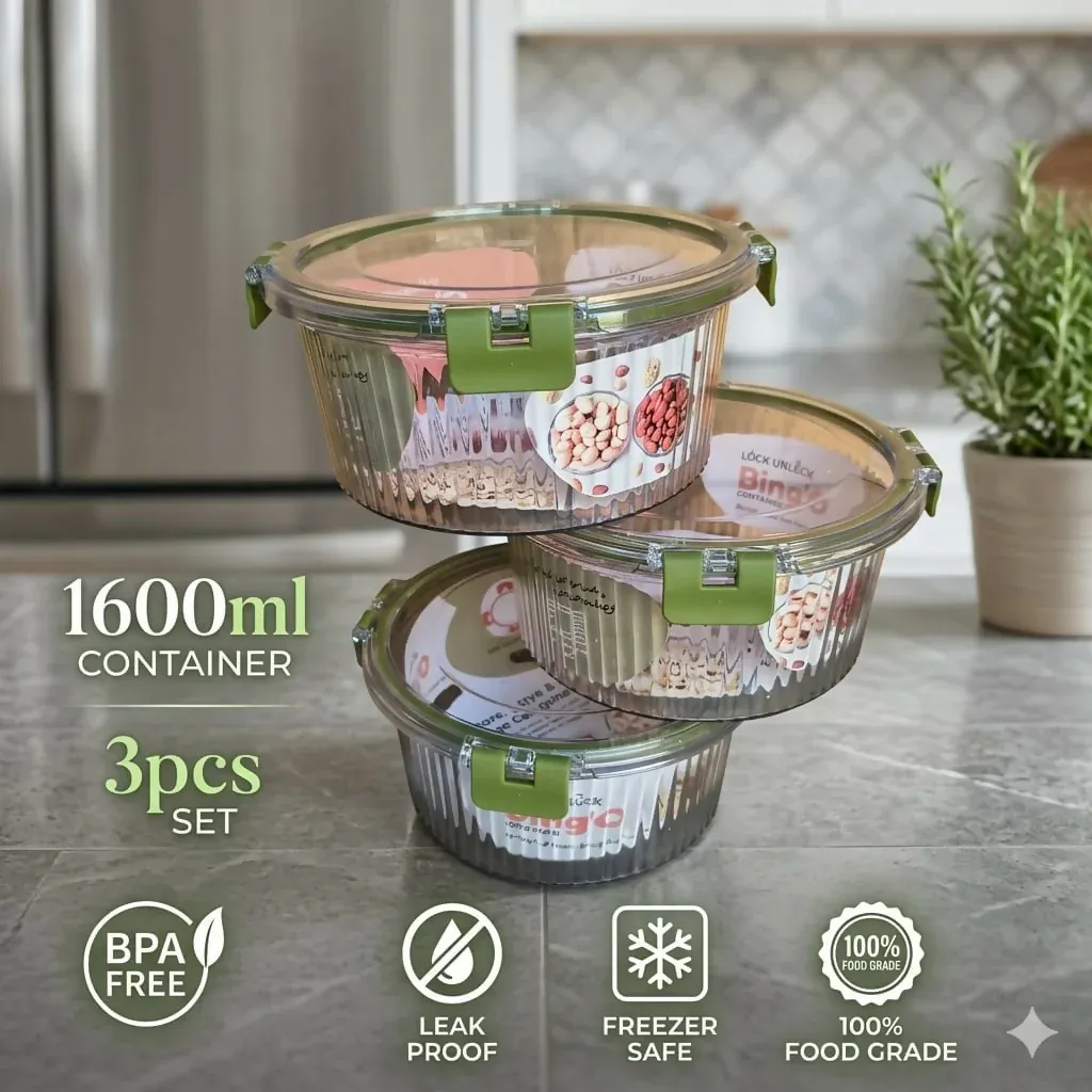 Bingo 3-Piece Premium Food Storage Container Set (1600ml Each) | Airtight 4-Way Lock & Leak-Proof | BPA-Free Food Grade Material | Refrigerator Safe & Space Saving Clear Jars - Detailed Feature View 6