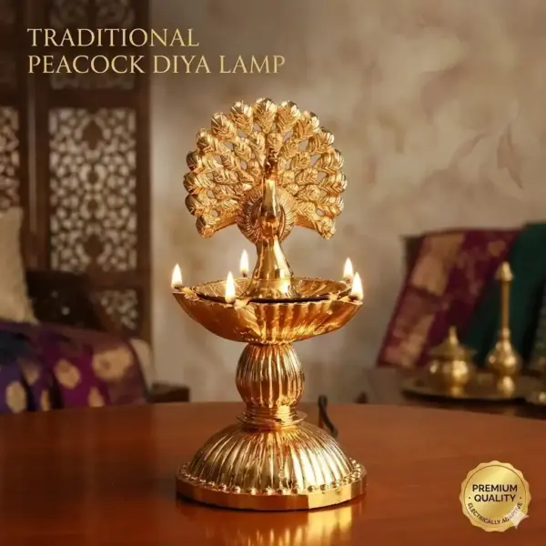 Gold Finish LED Peacock Diya – Stunning Electric Decorative Lamp