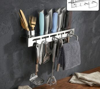 Premium Stainless Steel Wall Mounted Knife Holder Rack with Cutlery Cup, Hooks & Towel Rod