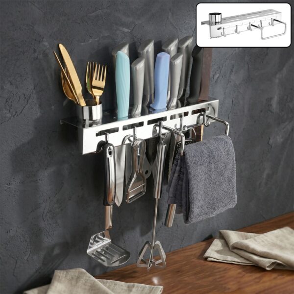 Premium Stainless Steel Wall Mounted Knife Holder Rack with Cutlery Cup, Hooks & Towel Rod