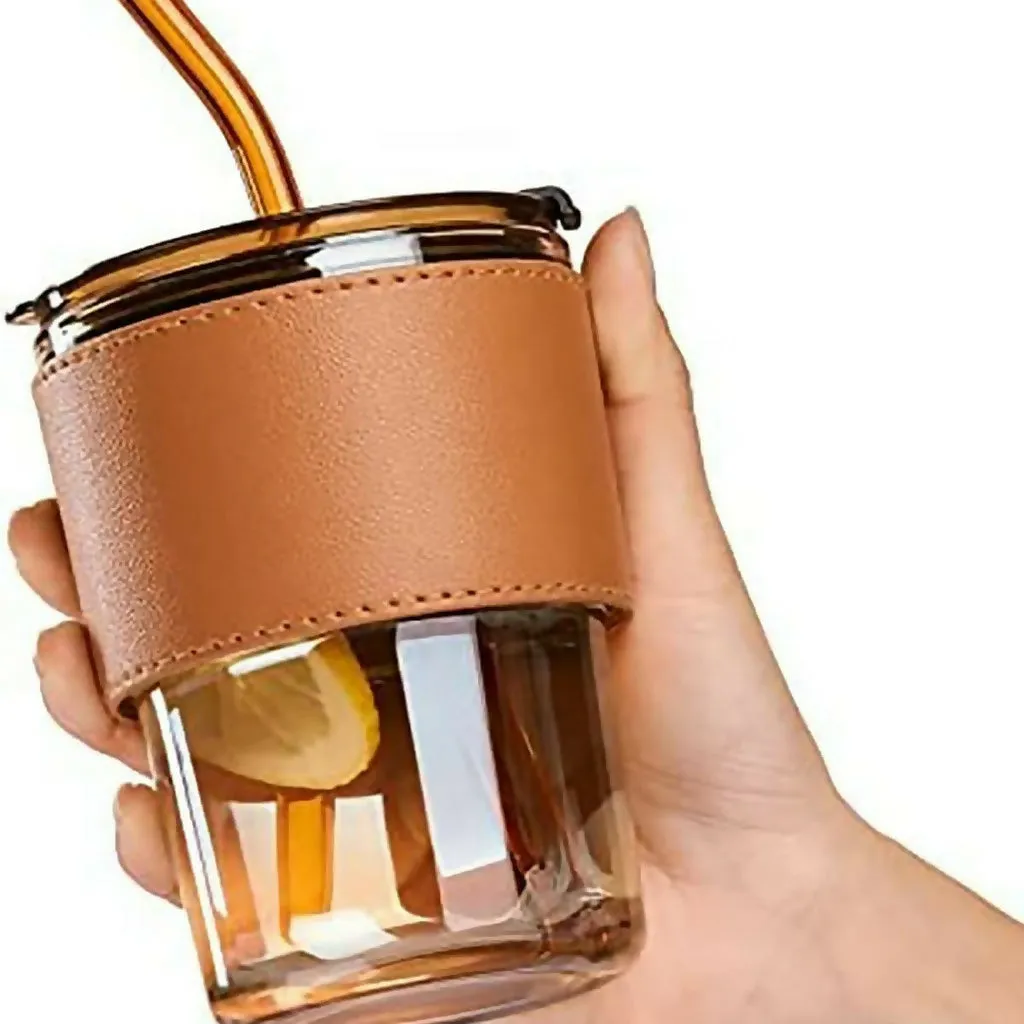 Glass Tumbler with Straw and Lid Portable Juice Coffee Cup - Detailed Feature View 5