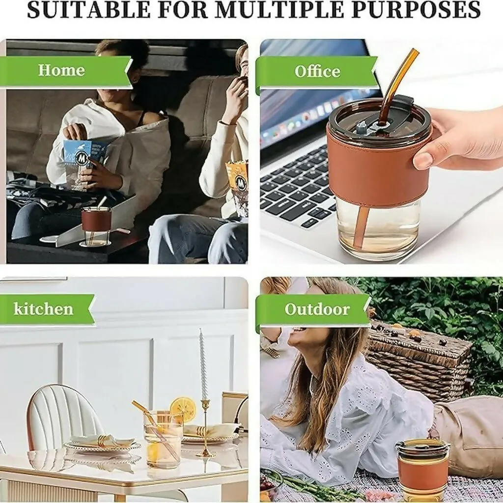 Glass Tumbler with Straw and Lid Portable Juice Coffee Cup - Detailed Feature View 7