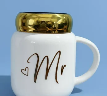 Elegant White Ceramic “Mr” Mug with Detachable Golden Lid