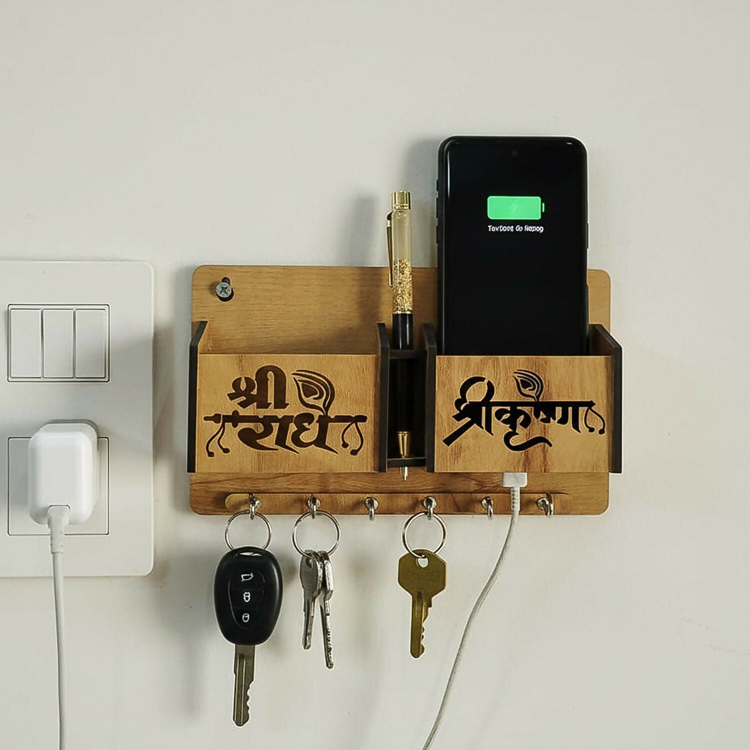 Premium Wooden Wall Mounted Key Holder with Mobile Stand & 6 Hooks - Buy Online at Alikart