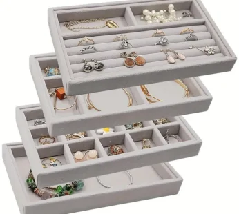 Velvet Jewelry Organizer 4 Pcs Tray – Stackable Storage Box with Compartments for Rings, Earrings, Bracelets, and Necklaces