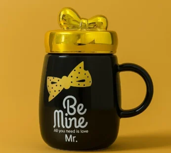 “Be Mine Mr. Black Ceramic Coffee Mug with Golden Lid and Bow Tie
