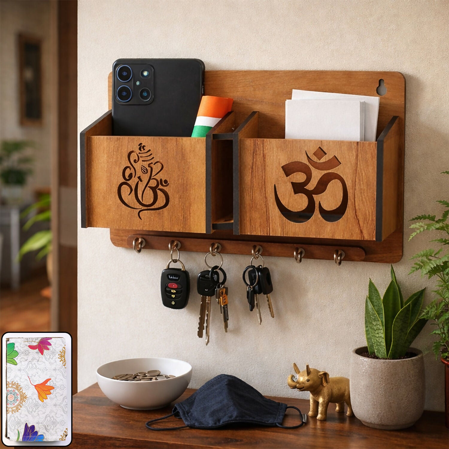 Premium Wooden Wall Mounted Key Holder with Mobile Stand - Buy Online at Alikart