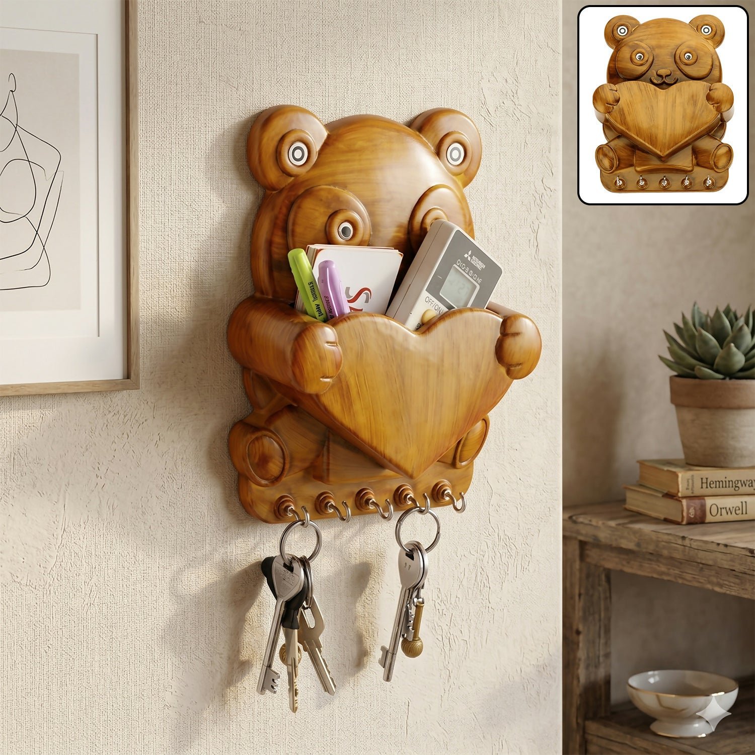 Premium Cute Panda Shape Wooden Finish Wall Mounted Key Holder with Storage Pocket - Buy Online at Alikart