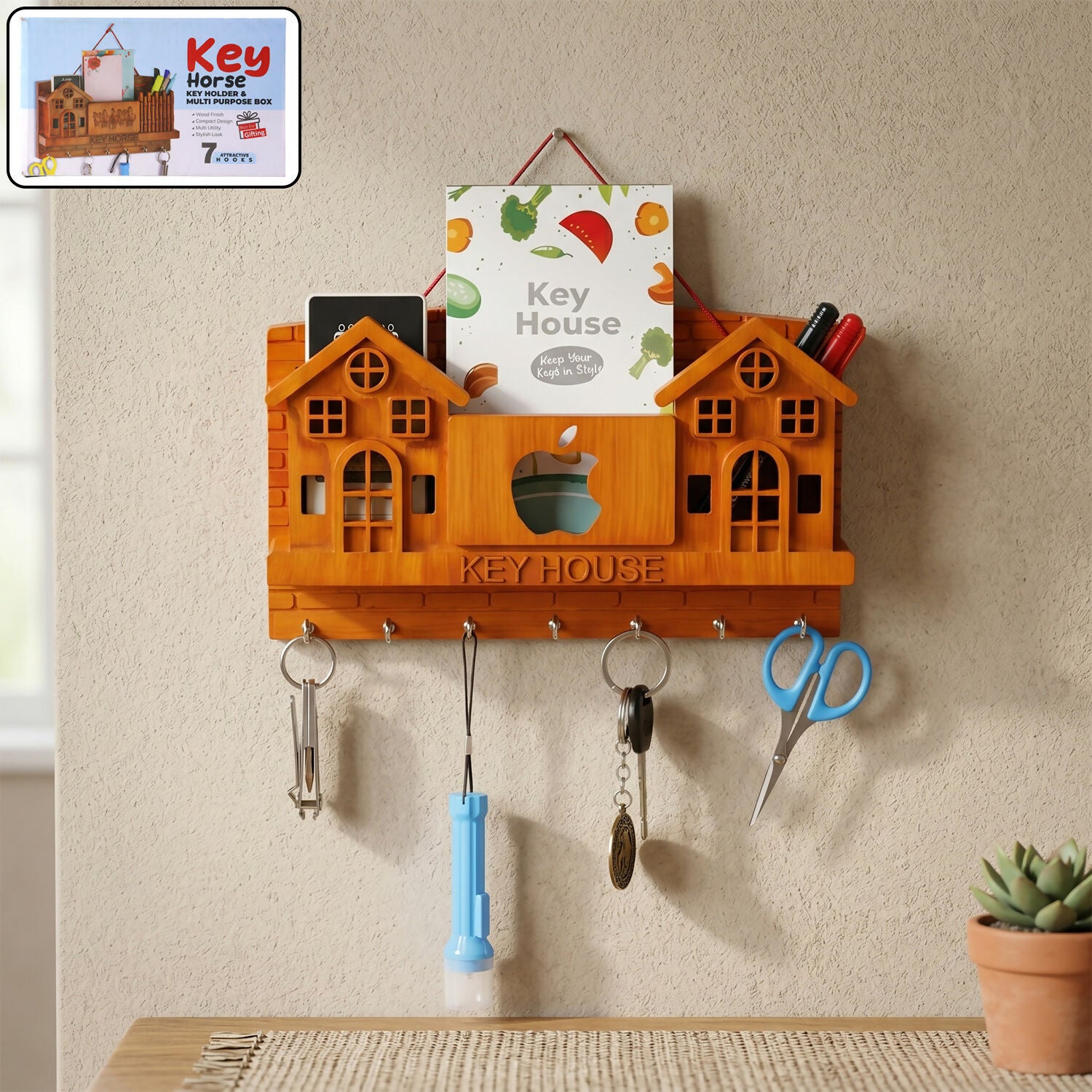 Premium Key House Wall-Mounted Key Holder with Apple Design Storage Shelf & Multiple Hooks for Home Entrance - Buy Online at Alikart