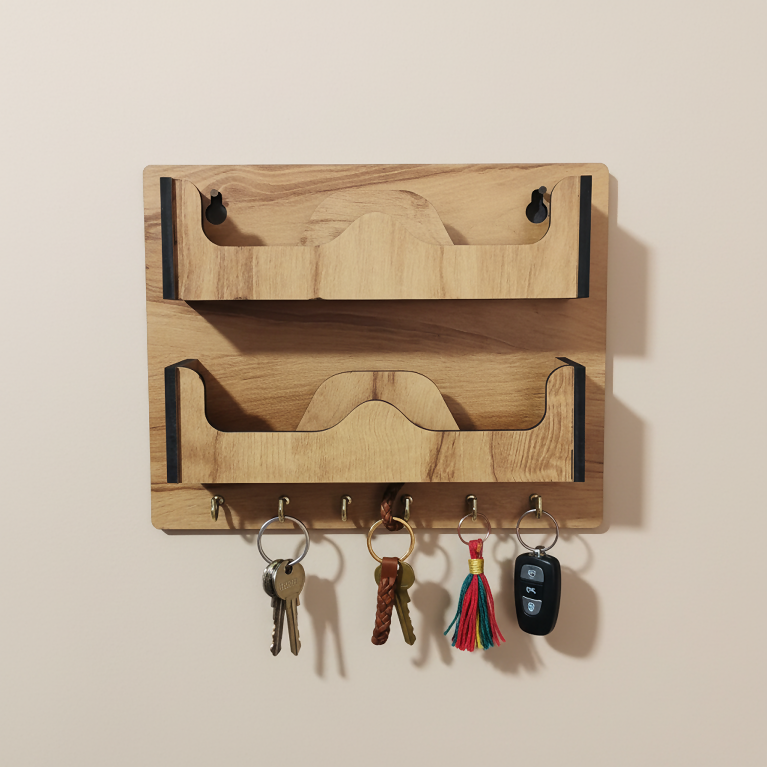 Double Layer Wooden Wall Mounted Organizer with Glasses Shelf and Key Hooks - Detailed Feature View 6