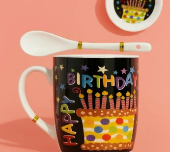Happy Birthday Ceramic Mug Gift Set – Set of 2 Printed Coffee Mugs with Spoons