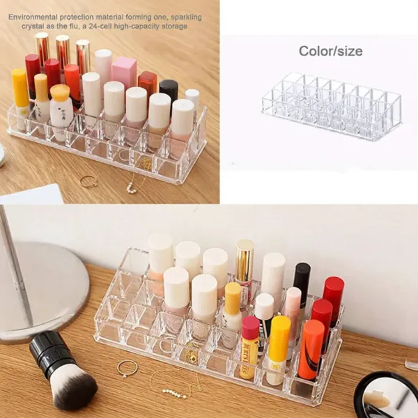 24 Cavity Lipstick Organizer – Transparent Plastic 24 Grid Cosmetic Holder Stand for Lipstick, Lip Gloss & Nail Polish Storage