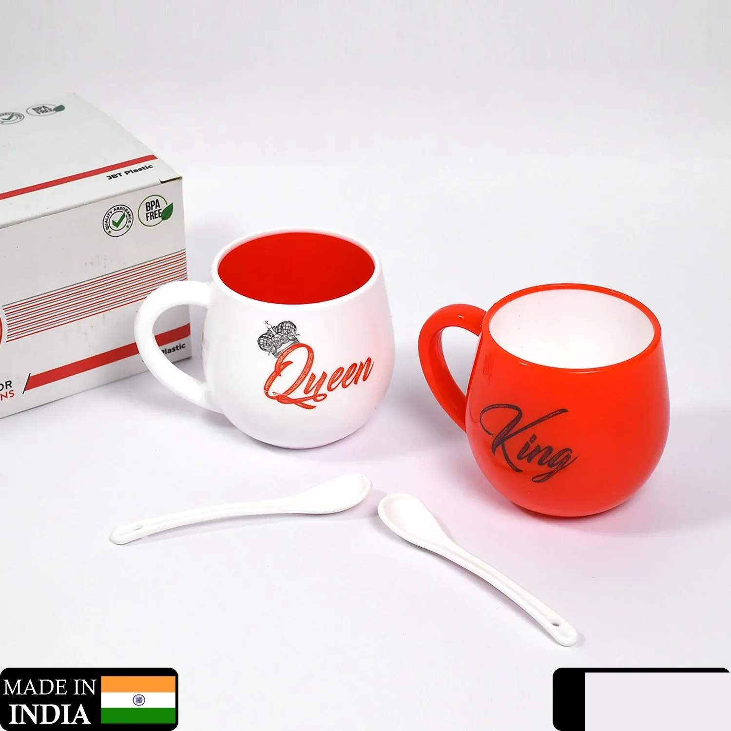 King & Queen Printed Couple Matching Coffee / Tea Plastic Coffee Mug (300ml Set of 2) - Detailed Feature View 1