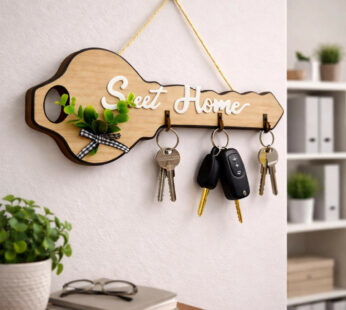 Wooden Key Shape Key Holder Wall Mount with 4 Hooks Organizer