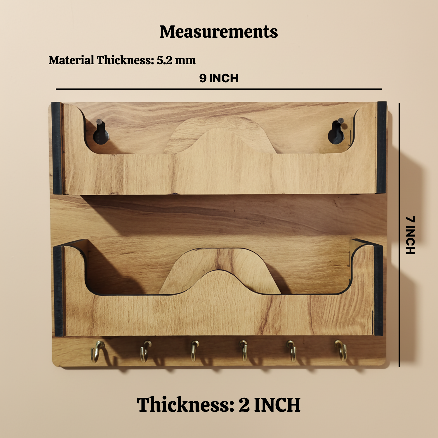 Double Layer Wooden Wall Mounted Organizer with Glasses Shelf and Key Hooks - Detailed Feature View 3