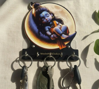 Baby Shiva Wooden Printed Key Holder with 5 Hooks & Self-Adhesive No-Drill Wall Mount