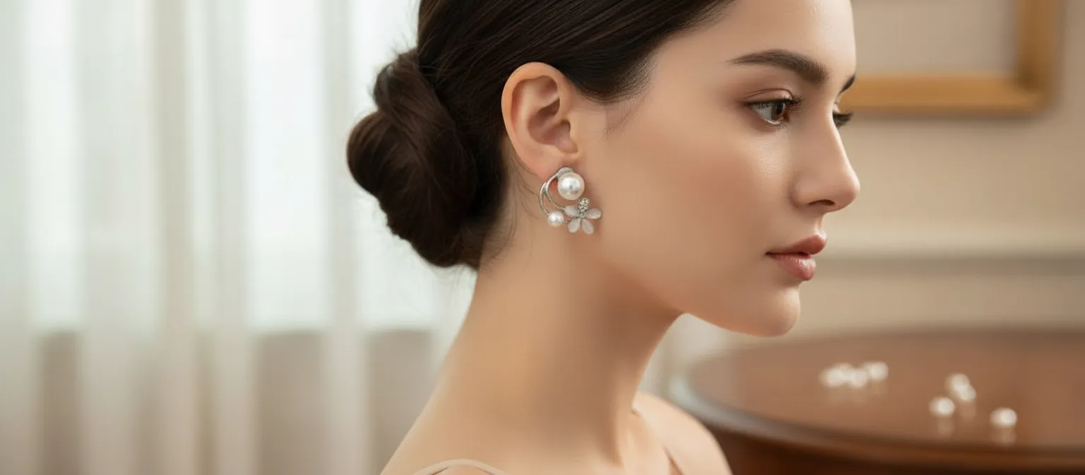 Stone & Pearl Studded Stud Earrings – Elegant Crystal and Pearl Jewelry for Women & Girls (1 Pair) - Detailed Feature View 1