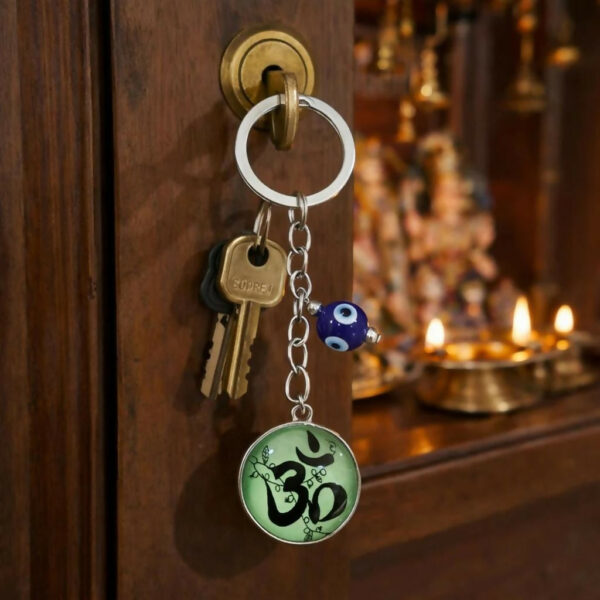 Om Symbol Keychain with Evil Eye Charm Metal Key Holder