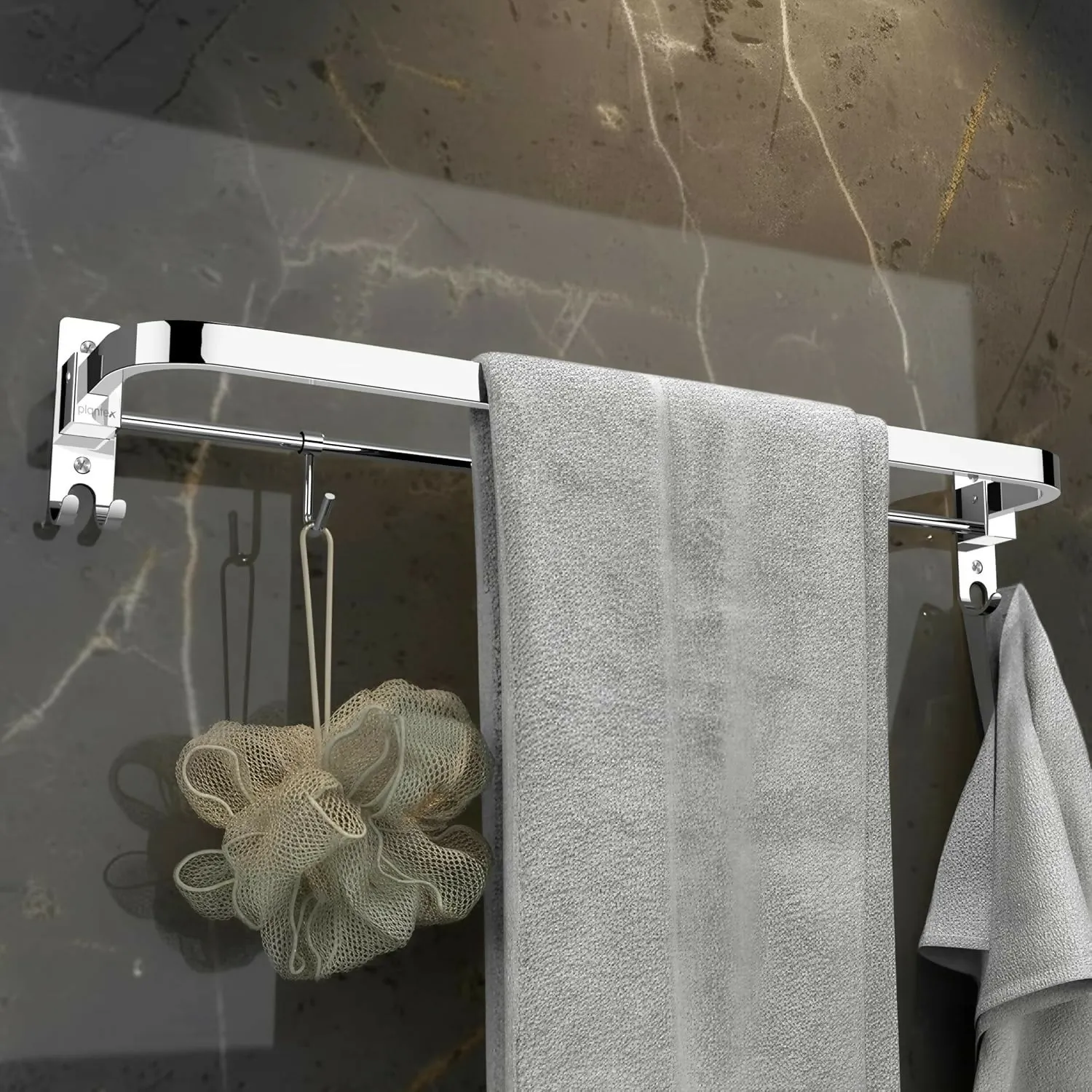 Premium Premium Stainless Steel Folding Towel Rod with Hooks Wall Mounted Towel Holder - Buy Online at Alikart