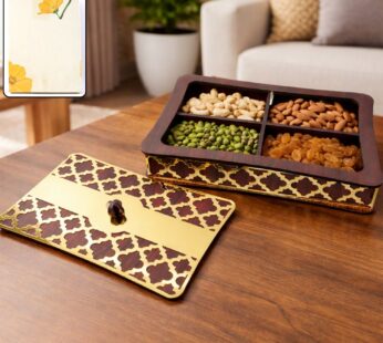 Dry Fruit Storage Box with 4 Compartments and Decorative Golden Lid