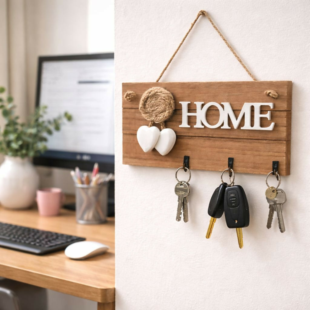Wooden HOME Key Holder Wall Mount with 3 Hooks Organizer - Detailed Feature View 1
