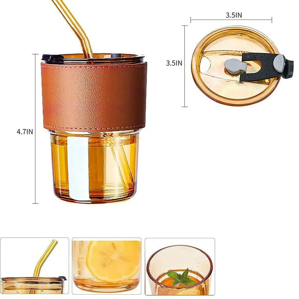 Glass Tumbler with Straw and Lid Portable Juice Coffee Cup - Detailed Feature View 4