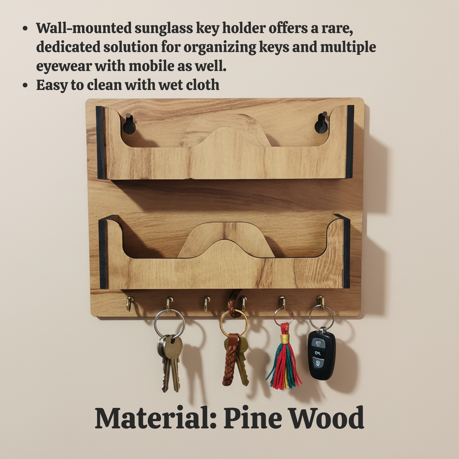 Double Layer Wooden Wall Mounted Organizer with Glasses Shelf and Key Hooks - Detailed Feature View 2