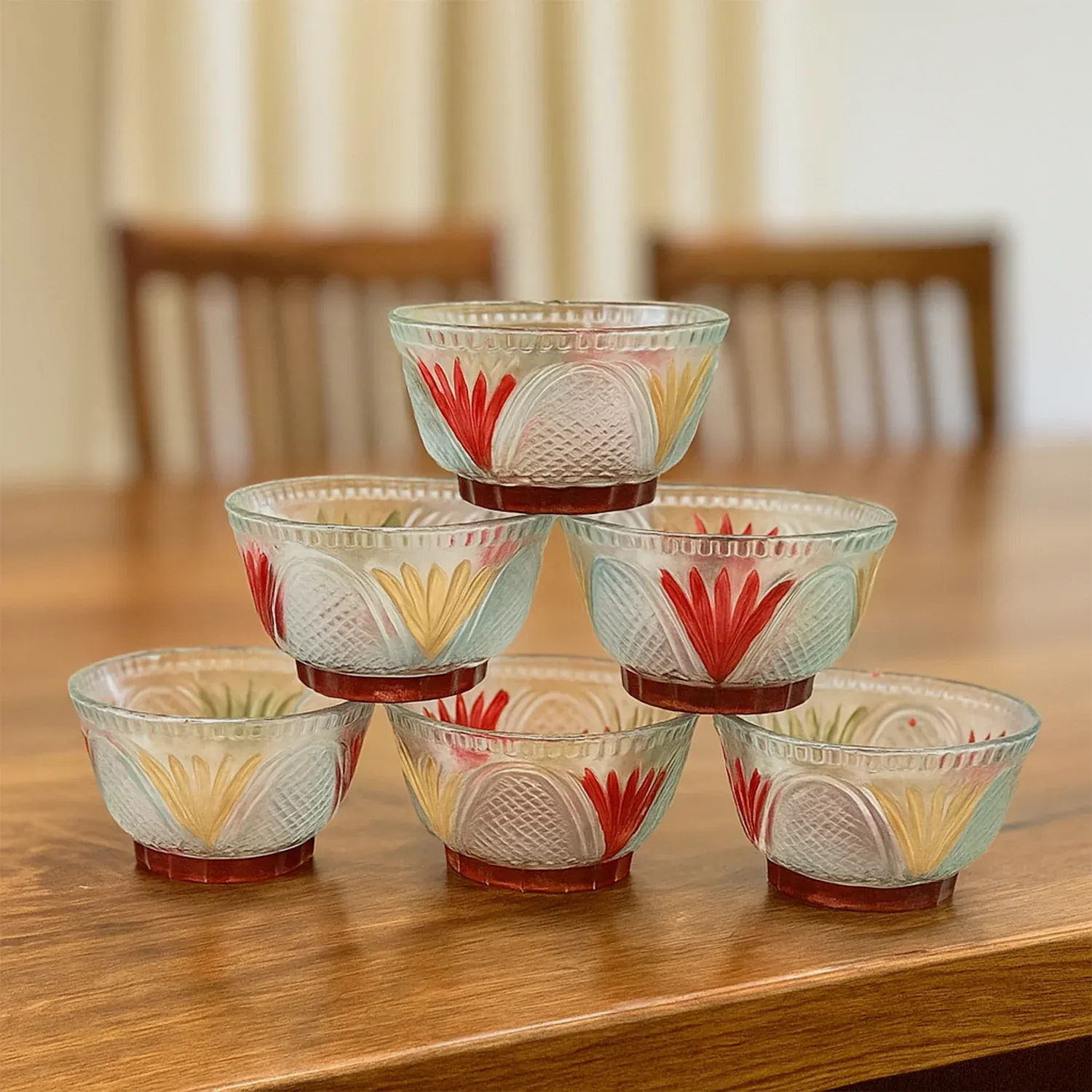 Rose glass Multipurpose Pudding / Dessert / Ice Cream Bowl Set for Home use, Home & Kitchen Serving Bowl for Sundae, Sweets, Snacks, Fruit, Pudding, Nuts or Dip, Serving Bowls 6 Medium & 1 Big Bowl (Set of 7 pc) - Detailed Feature View 3