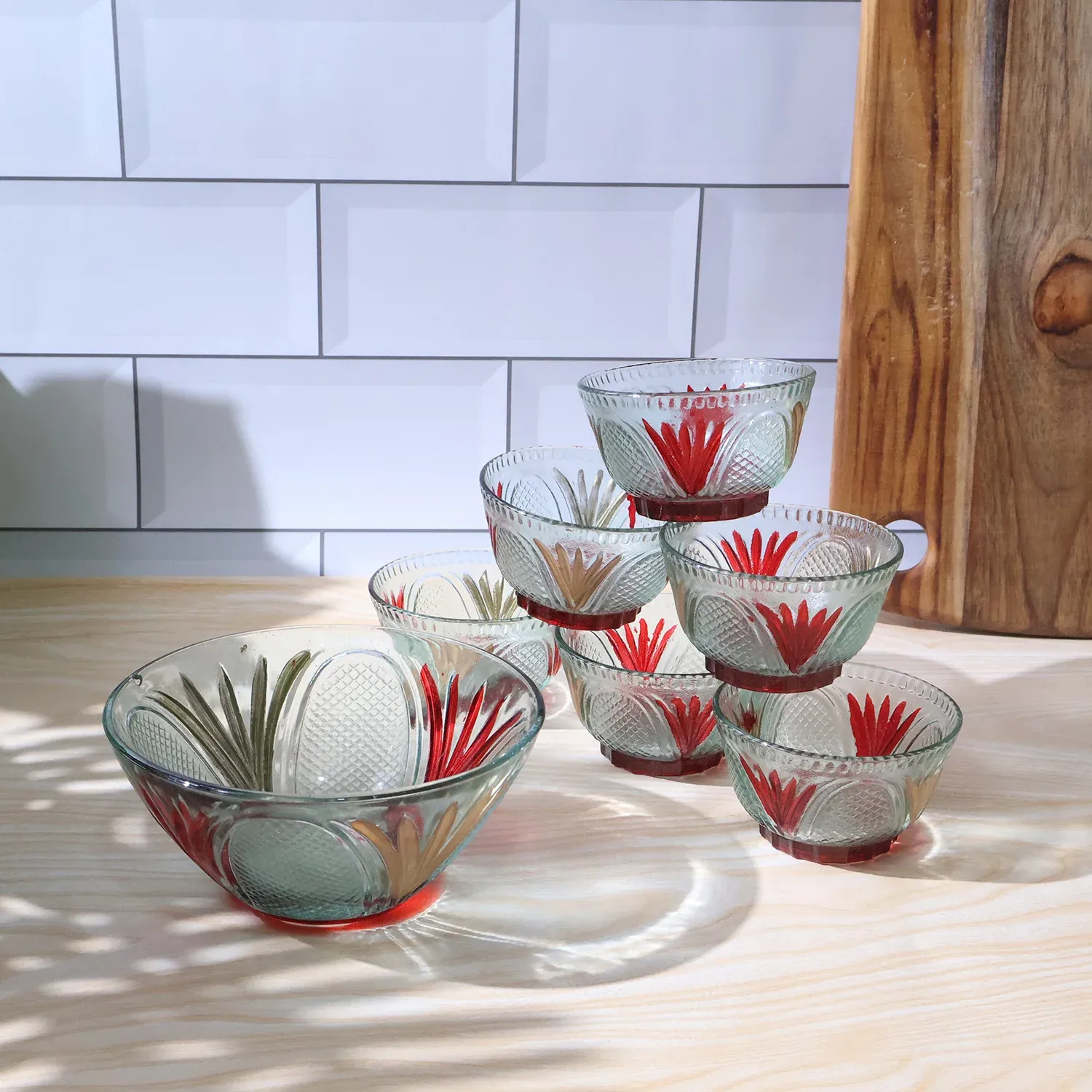 Rose glass Multipurpose Pudding / Dessert / Ice Cream Bowl Set for Home use, Home & Kitchen Serving Bowl for Sundae, Sweets, Snacks, Fruit, Pudding, Nuts or Dip, Serving Bowls 6 Medium & 1 Big Bowl (Set of 7 pc) - Detailed Feature View 5
