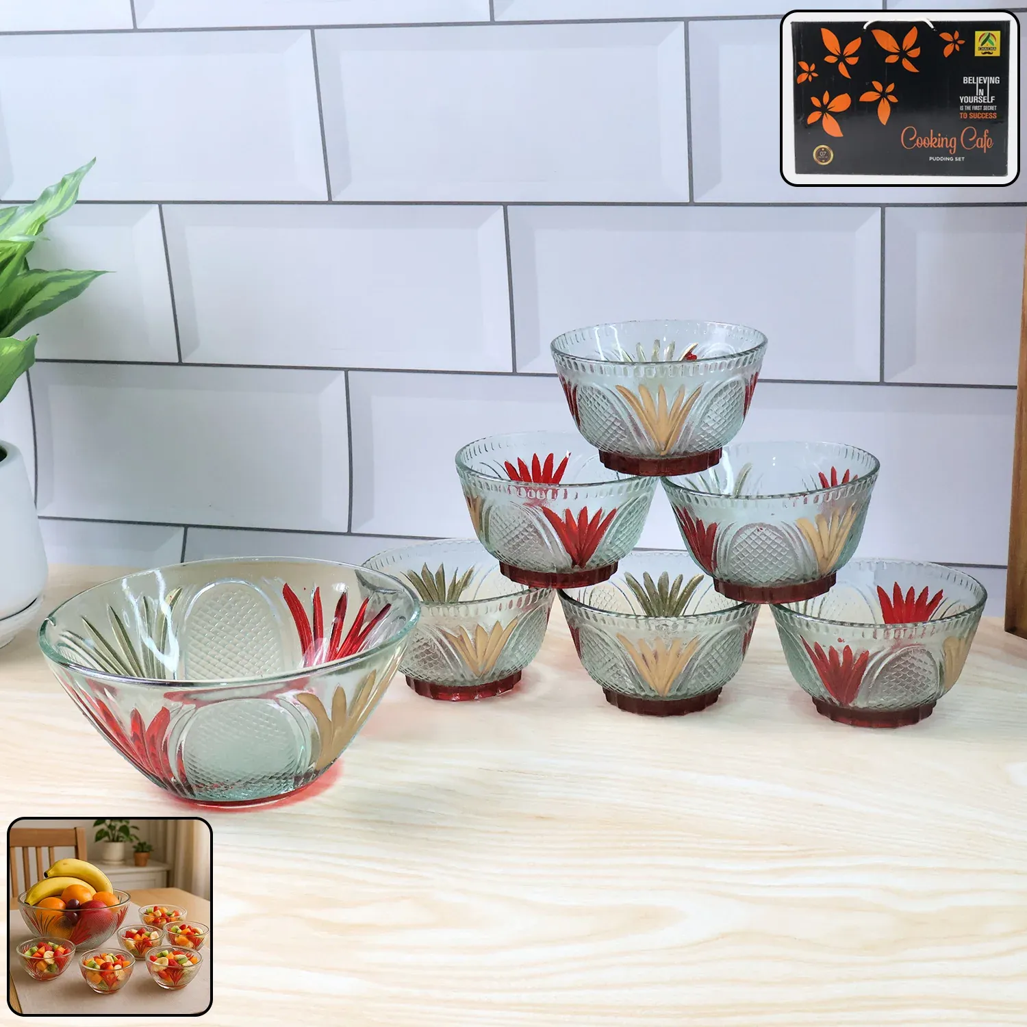 Premium Rose glass Multipurpose Pudding / Dessert / Ice Cream Bowl Set for Home use, Home & Kitchen Serving Bowl for Sundae, Sweets, Snacks, Fruit, Pudding, Nuts or Dip, Serving Bowls 6 Medium & 1 Big Bowl (Set of 7 pc) - Buy Online at Alikart