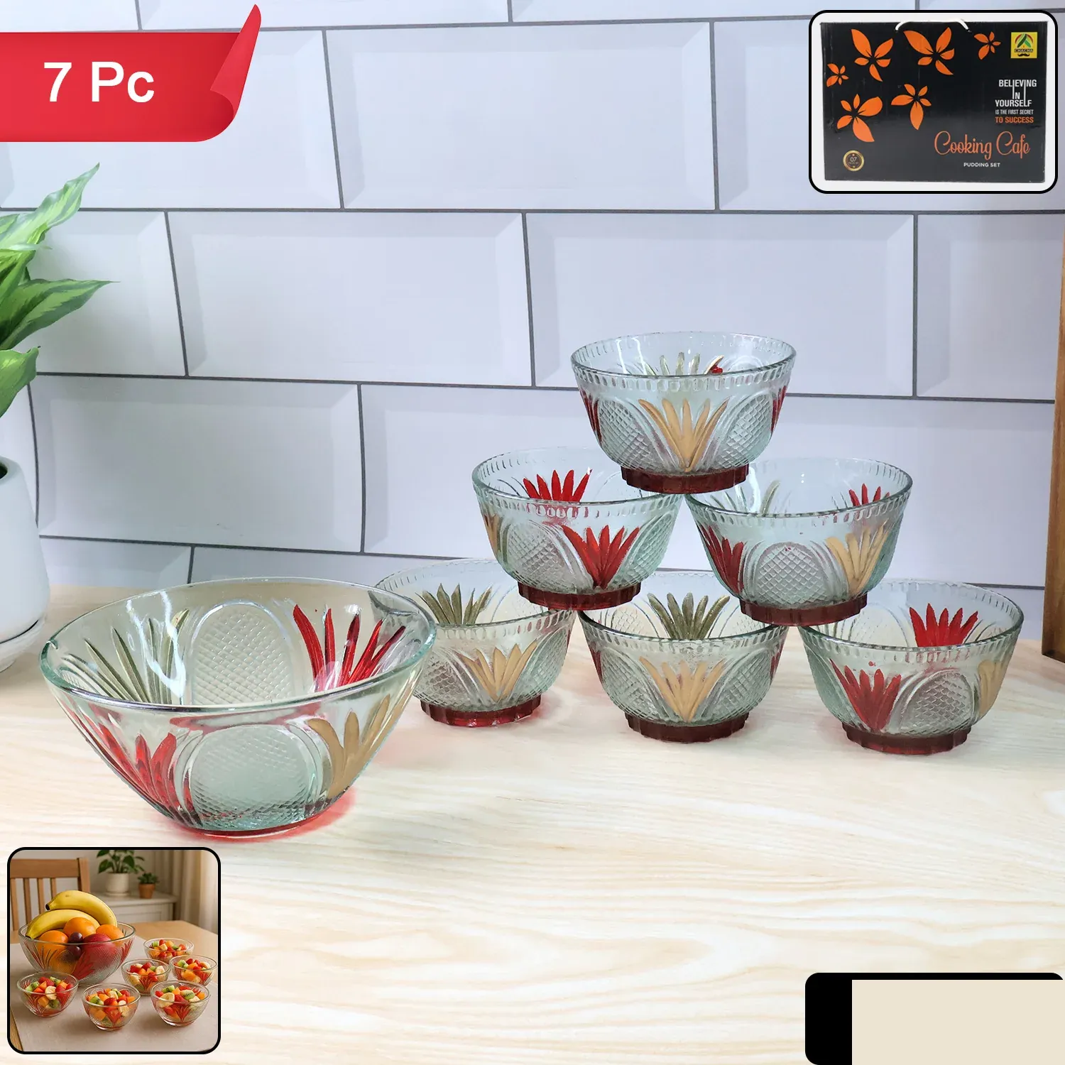 Rose glass Multipurpose Pudding / Dessert / Ice Cream Bowl Set for Home use, Home & Kitchen Serving Bowl for Sundae, Sweets, Snacks, Fruit, Pudding, Nuts or Dip, Serving Bowls 6 Medium & 1 Big Bowl (Set of 7 pc) - Detailed Feature View 1