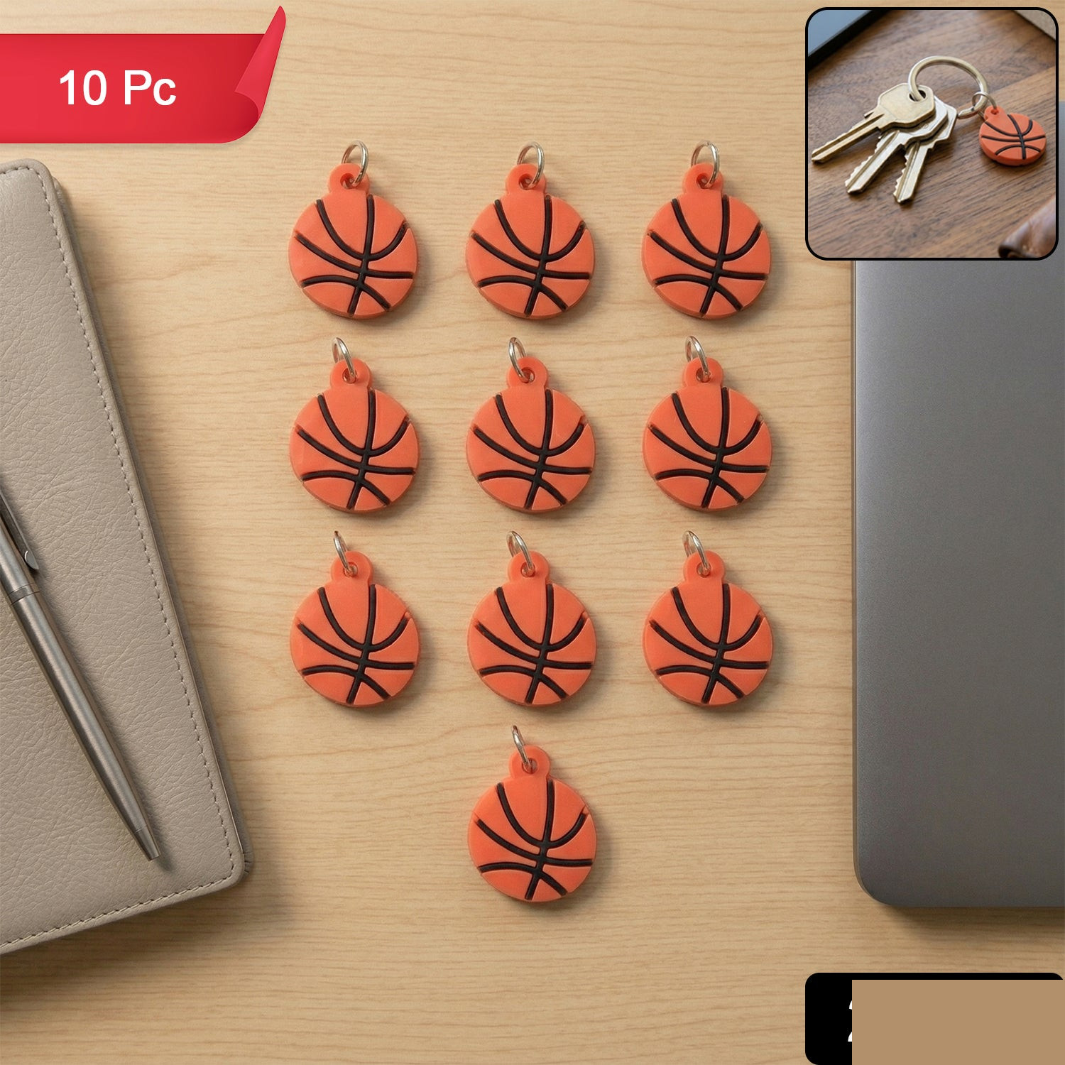 Basketball Design Bag Charm Keychain Set (10 Pc) - Detailed Feature View 1
