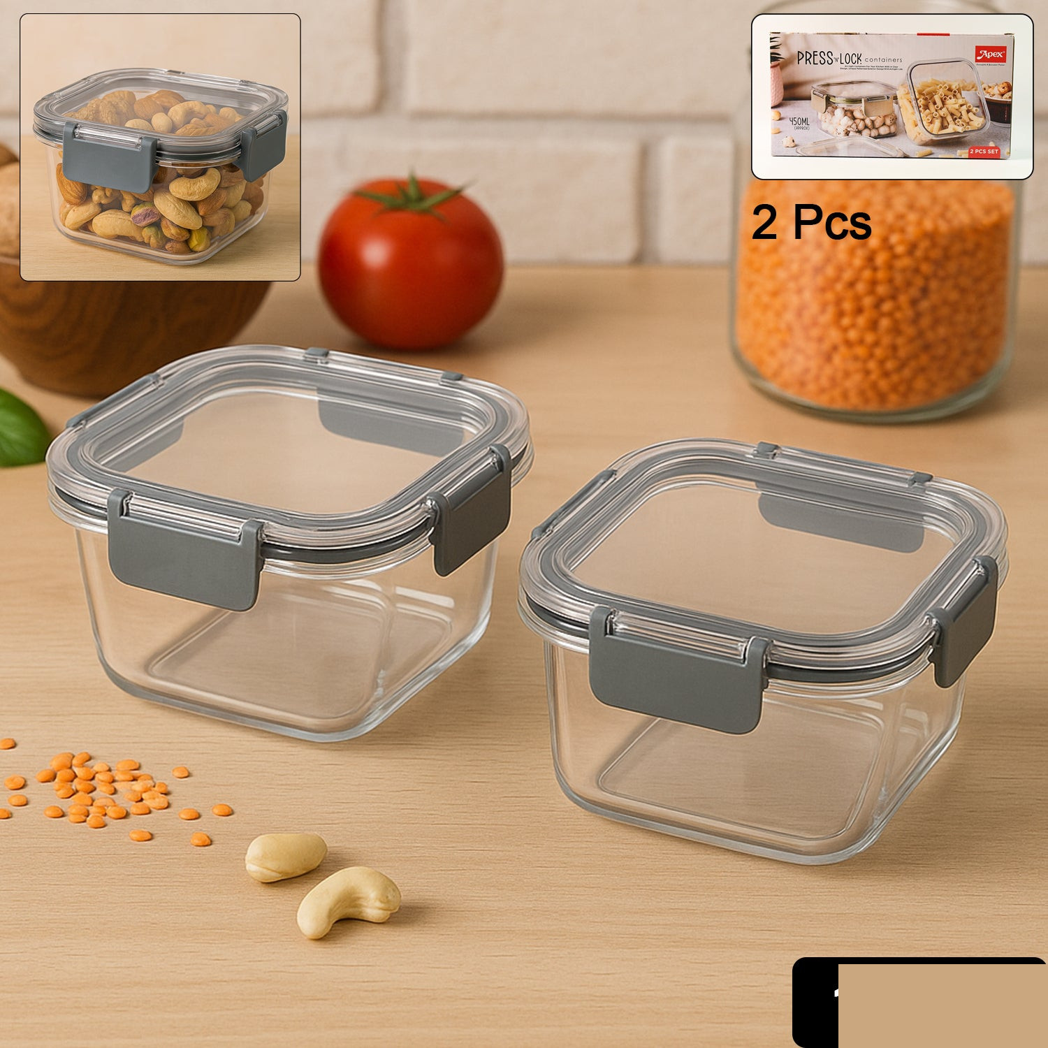 Apex Press N’ Lock Airtight Food Storage Container Set (2Pc/450ml) Approx - Detailed Feature View 1