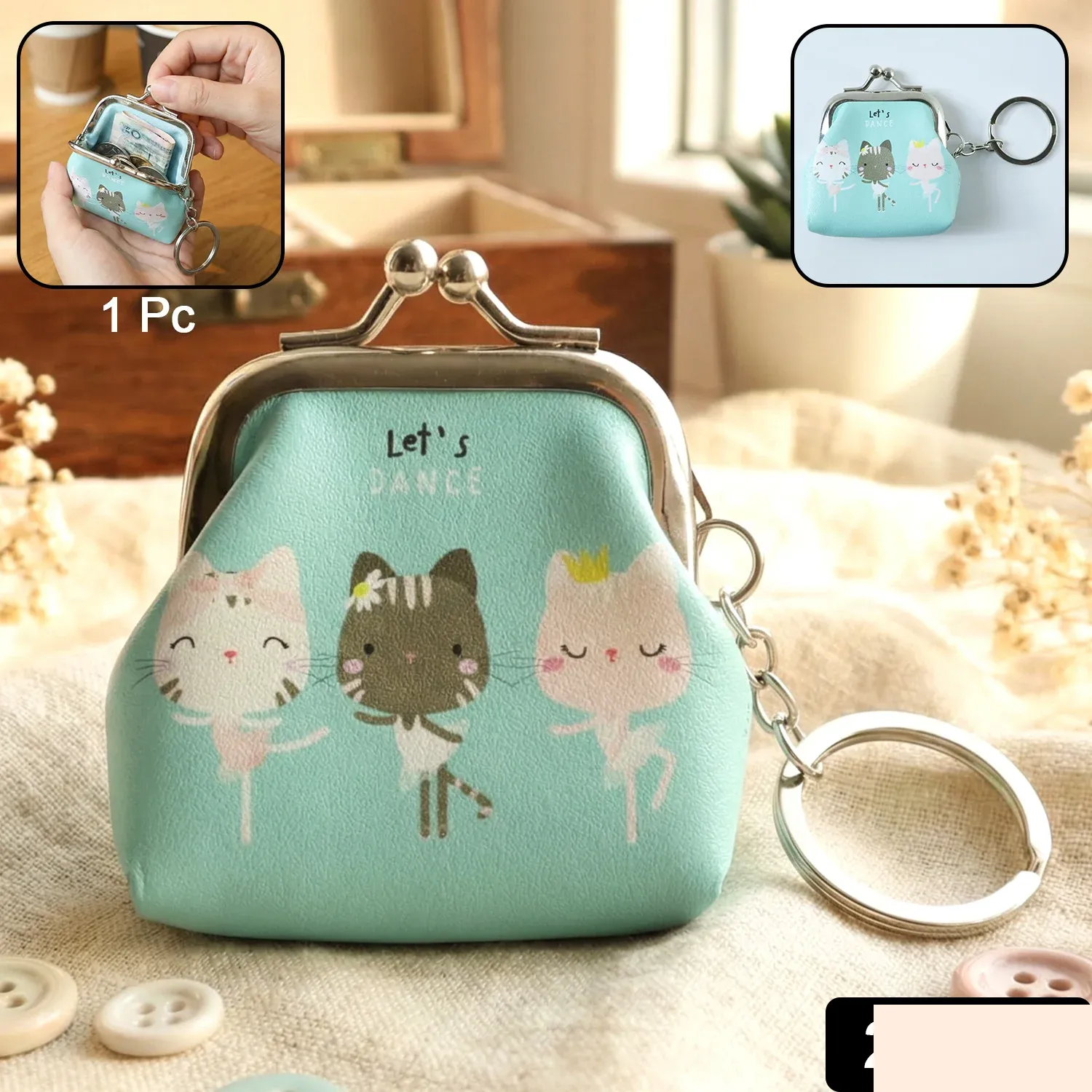 Cute Cartoon Cat Printed Mini Coin Purse Keychain (1 Pc) - Detailed Feature View 1