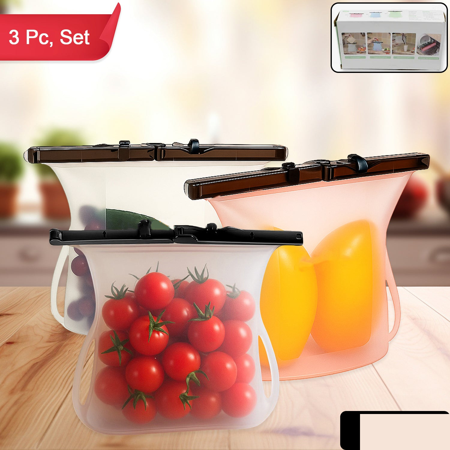 Silicone Food Storage Bags - Set of 3 Keepers for Fruits, Vegetables, Snacks - Detailed Feature View 1