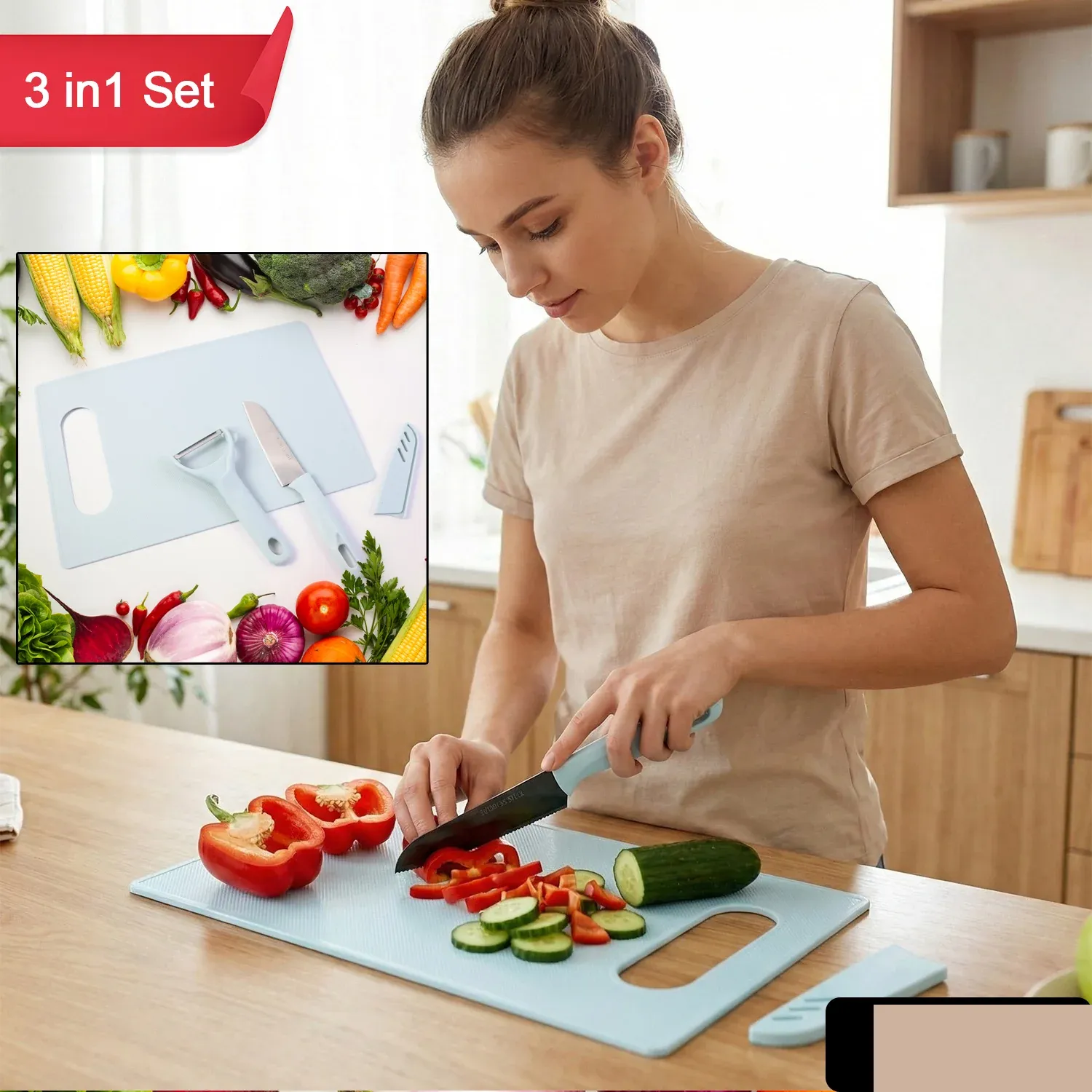 3 in 1 Kitchen Knife & Chopping Board Set (1 Set) - Detailed Feature View 1