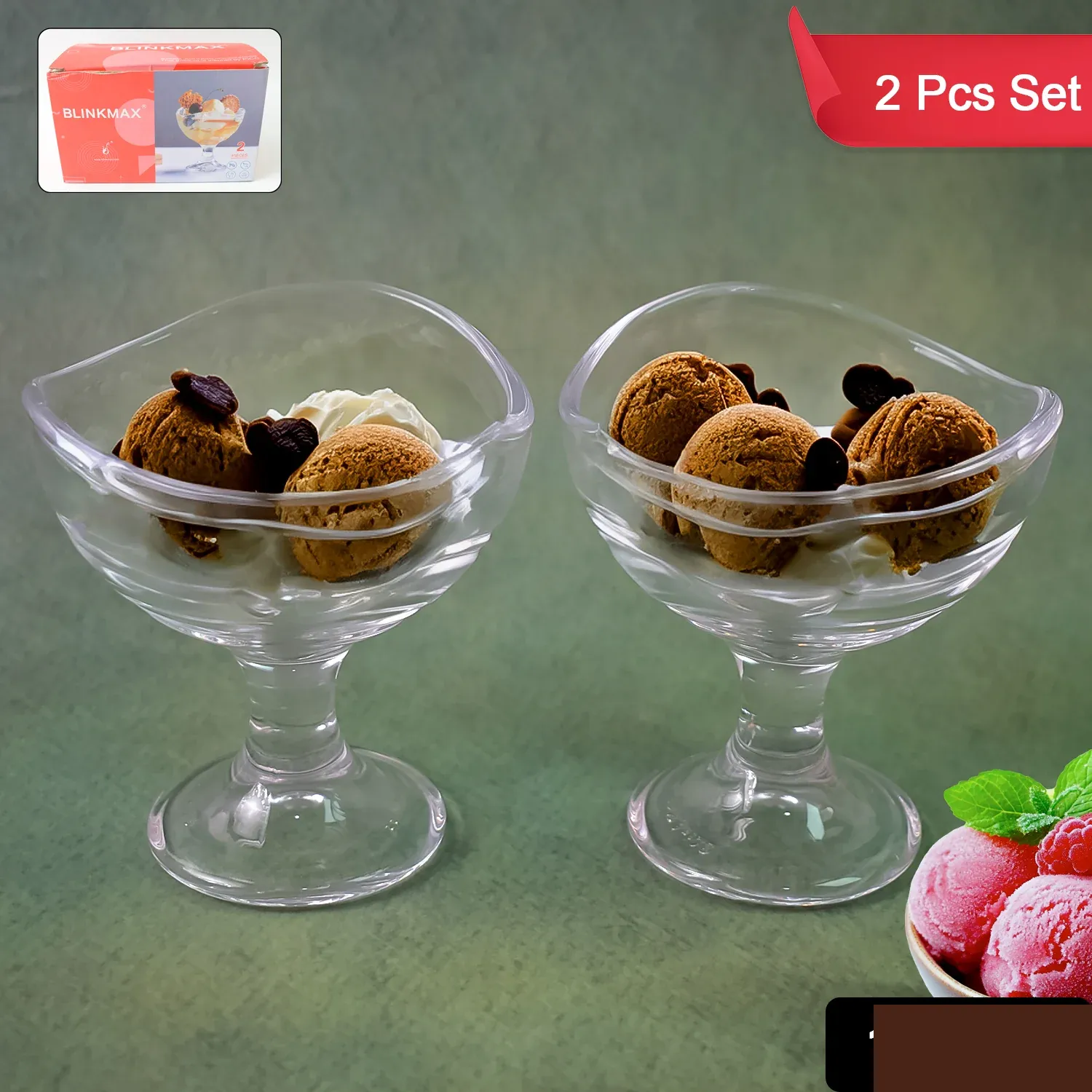 Glass Footed Dessert Bowl, Ice Cream Cup (2 Pcs Set) - Detailed Feature View 1