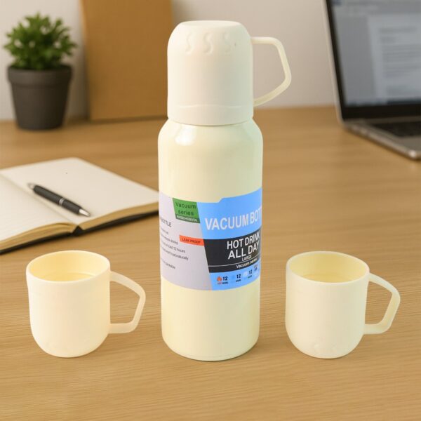 White Vacuum Flask Set – Stainless Steel Thermos with 3 Cups, Approx 500ml