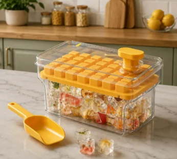 Yellow Ice Cube Tray Box with Lid & Scoop for Freezer Storage