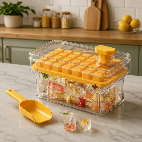 Yellow Ice Cube Tray Box with Lid & Scoop for Freezer Storage
