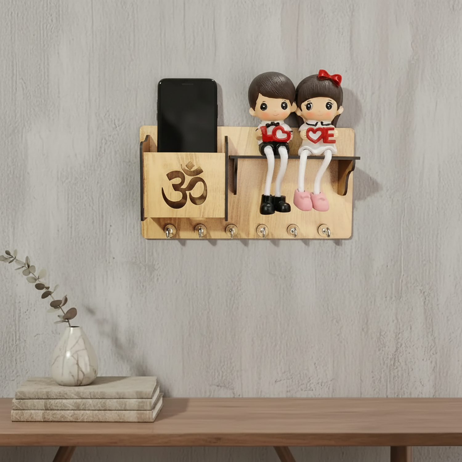Premium Wooden Om Key Holder with Shelf & Mobile Stand | Spiritual Home Décor - Buy Online at Alikart