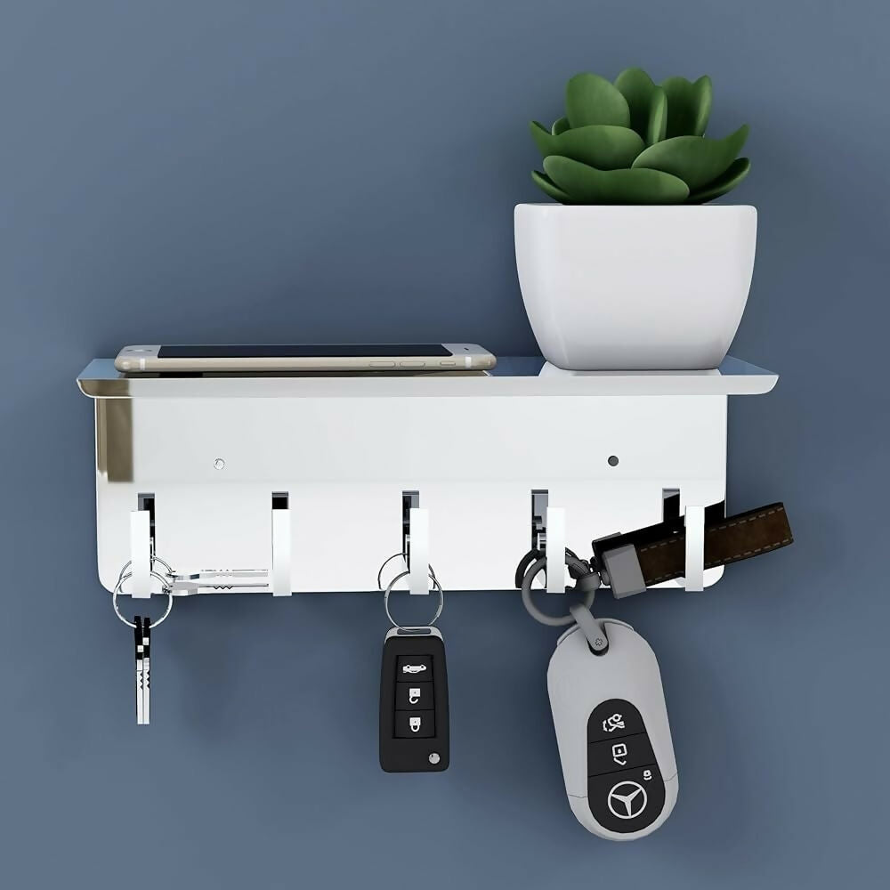 Premium Wall Mount Stainless Steel Key Stand with Phone Holder and Decorative Plant Pot - Buy Online at Alikart
