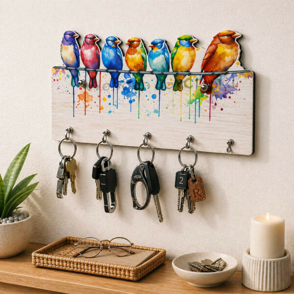 Colorful Bird Design Wooden Key Holder with 5 Hooks for Wall 8×6 inch