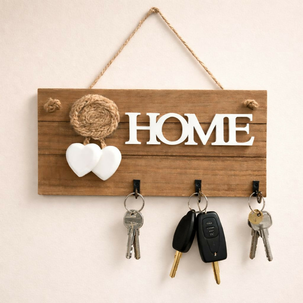 Wooden HOME Key Holder Wall Mount with 3 Hooks Organizer - Detailed Feature View 2