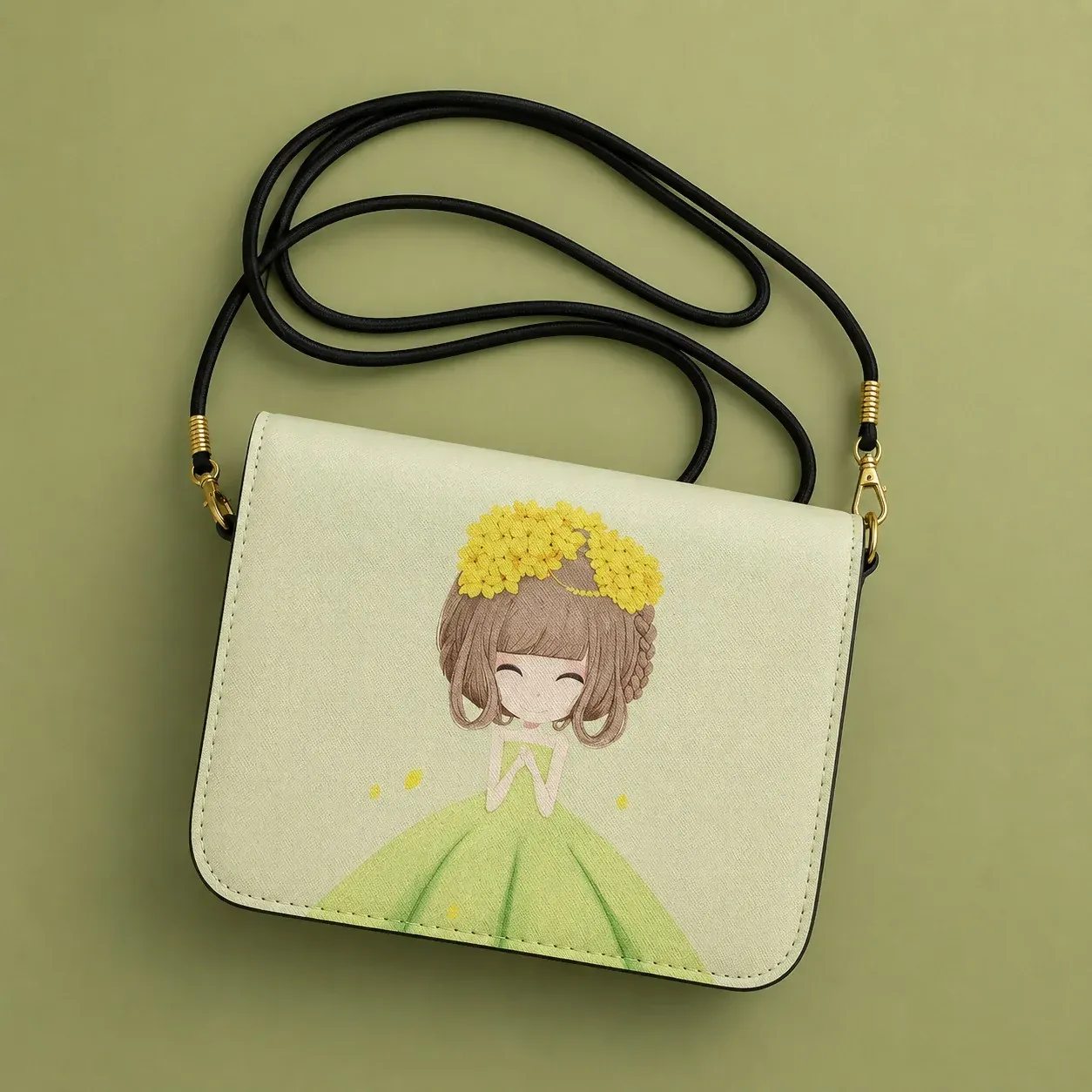 Green Princess Print Mini Sling Bag for Girls & Women - Detailed Feature View 2