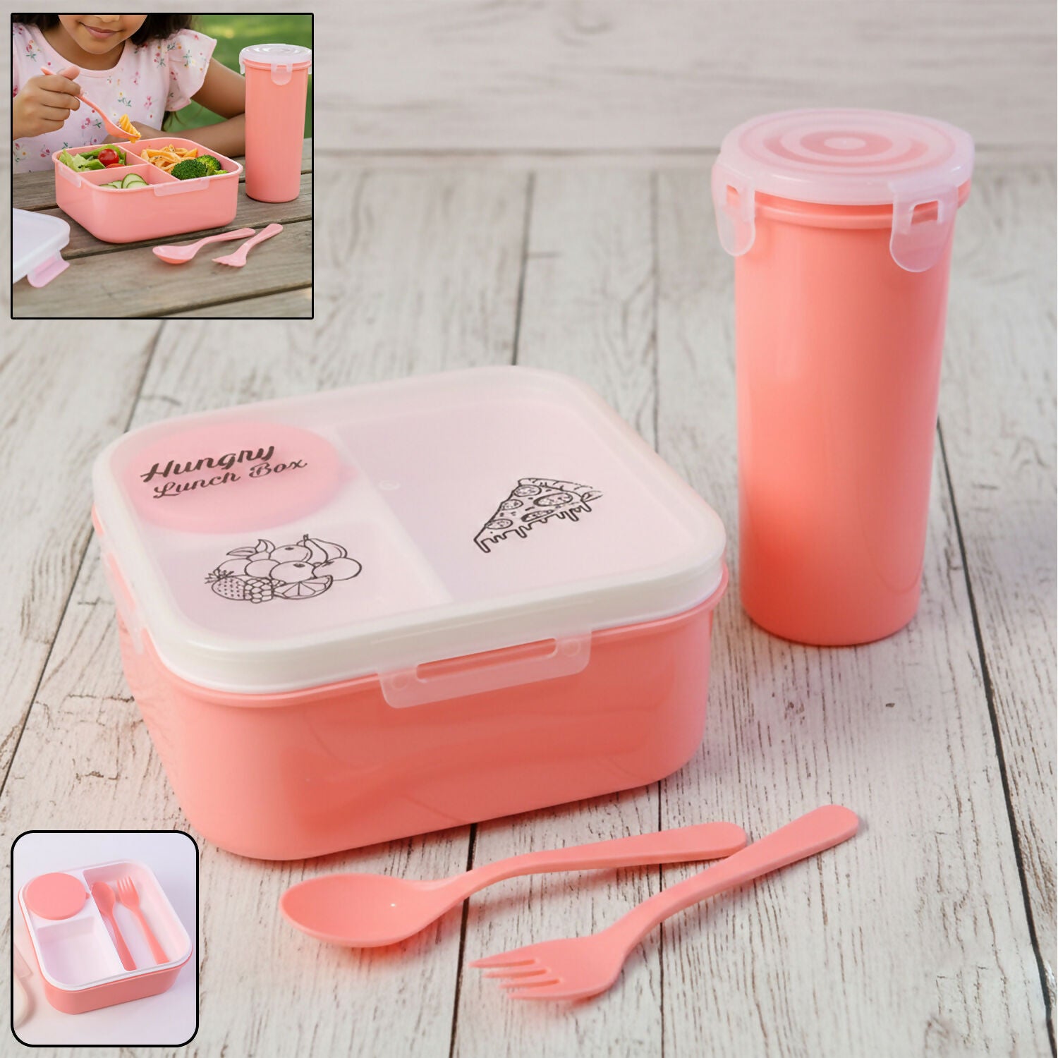 Premium Hungry Lunch Box Combo Set – Unbreakable Plastic Lunch Box with Spoon, Fork & Extra Container for Kids - Buy Online at Alikart